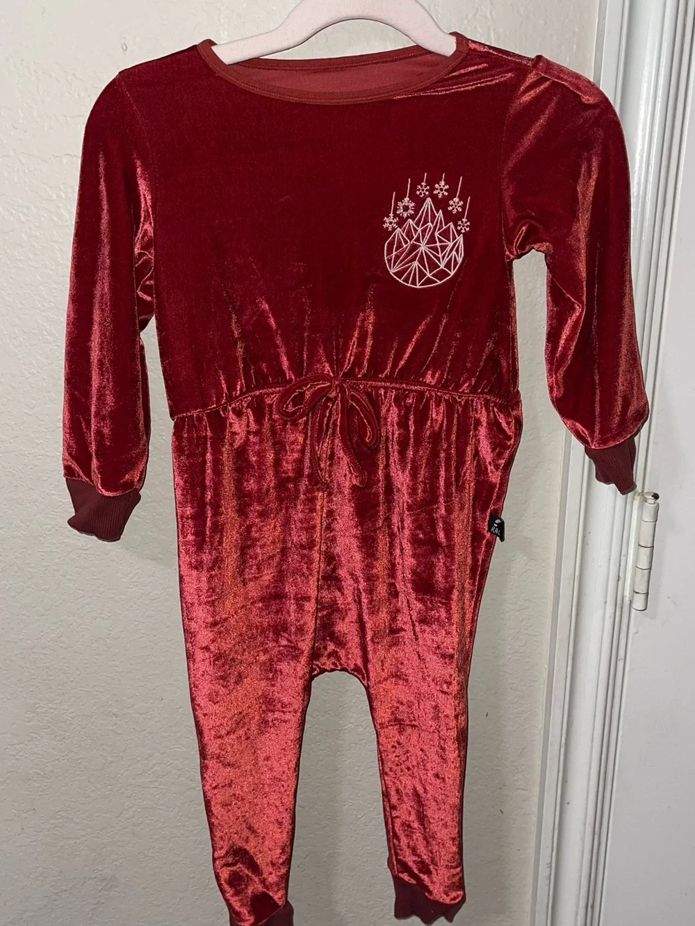 Velvet Kids One-Piece Footie in Wine Red with Snowflake Detail